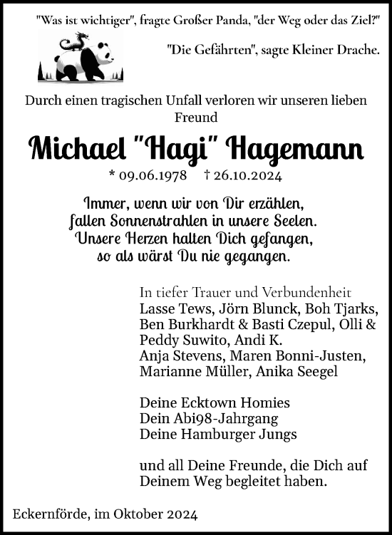 Traueranzeige von Michael Hagemann von Eckernförder Zeitung, Hallo Eckernförde