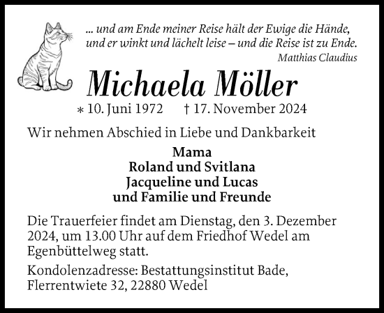 Traueranzeige von Michaela Möller von Wedel-Schulauer Tageblatt, tip Wedel-Schulauer Tageblatt, tip Rissener Rundschau