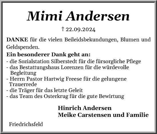 Traueranzeige von Mimi Andersen von Schleswiger Nachrichten, Schlei-Bote