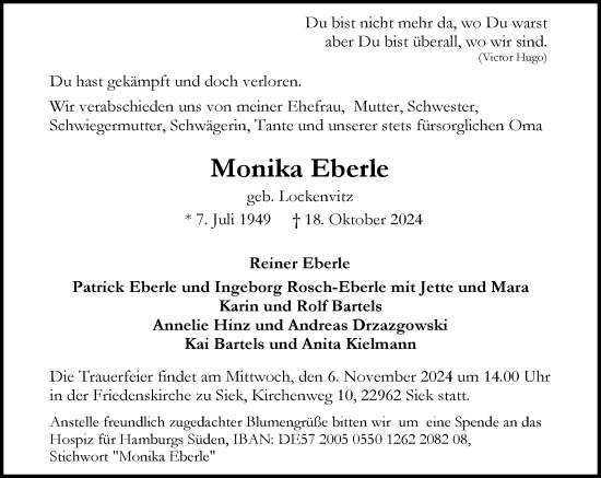 Traueranzeige von Monika Eberle von Stormaner Tageblatt