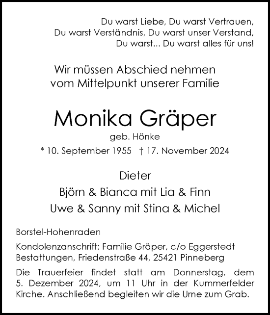 Traueranzeige von Monika Gräper von Region Pinneberg und tip Pinneberg