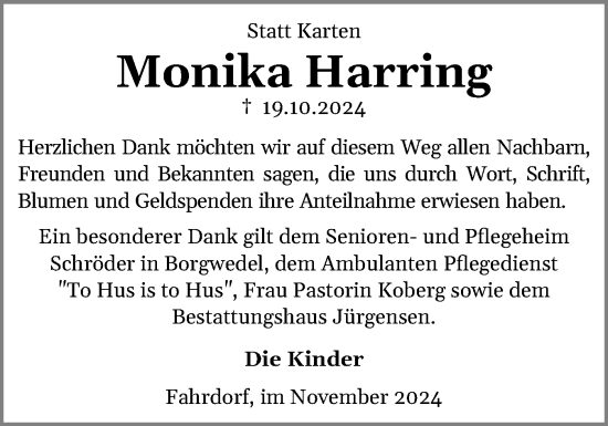 Traueranzeige von Monika Harring von Schleswiger Nachrichten, Schlei-Bote