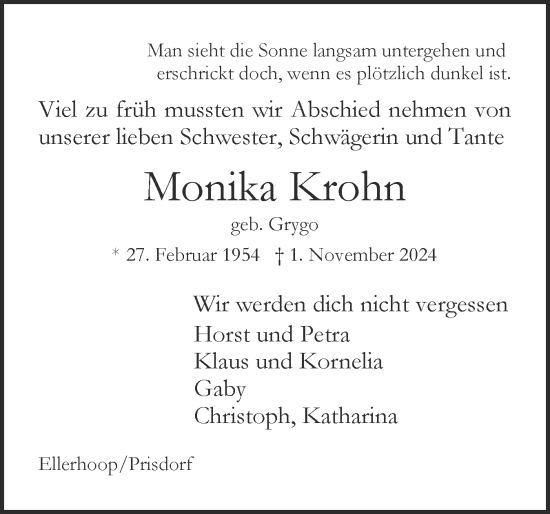 Traueranzeige von Monika Krohn von Region Pinneberg und tip Pinneberg