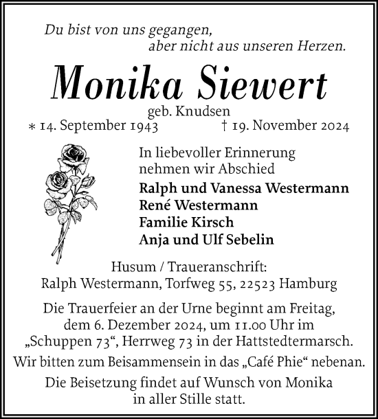 Traueranzeige von Monika Siewert von Husumer Nachrichten, Nordfriesland Tageblatt