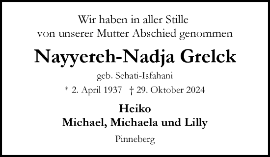 Traueranzeige von Nayyereh-Nadja Grelck von Region Pinneberg und tip Pinneberg