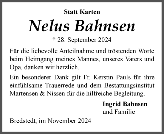 Traueranzeige von Nelus Bahnsen von Husumer Nachrichten, Nordfriesland Tageblatt