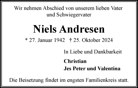 Traueranzeige von Niels Andresen von Flensburger Tageblatt