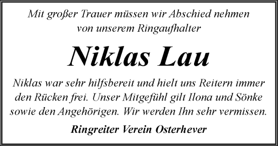 Traueranzeige von Niklas Lau von Husumer Nachrichten, Nordfriesland Tageblatt