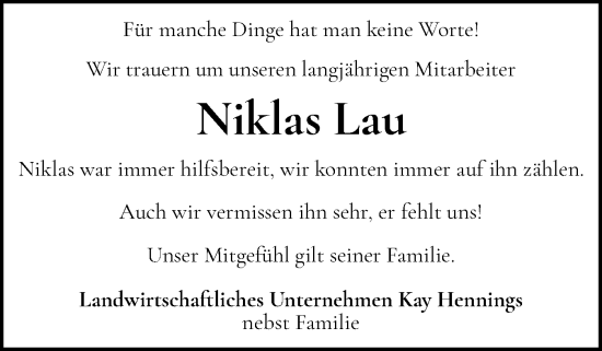 Traueranzeige von Niklas Lau von Husumer Nachrichten, Nordfriesland Tageblatt