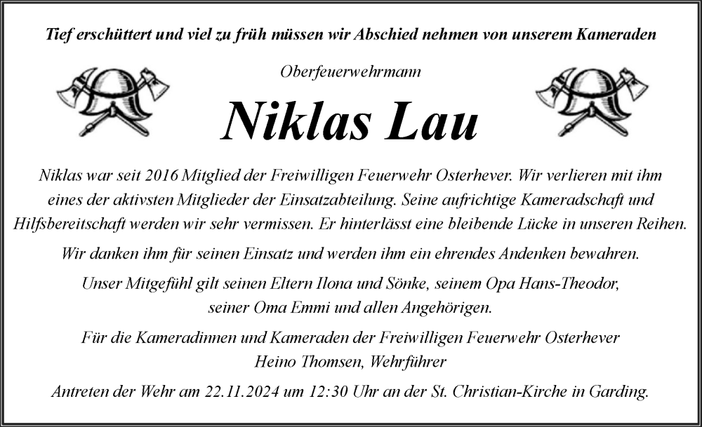  Traueranzeige für Niklas Lau vom 08.11.2024 aus Husumer Nachrichten, Nordfriesland Tageblatt