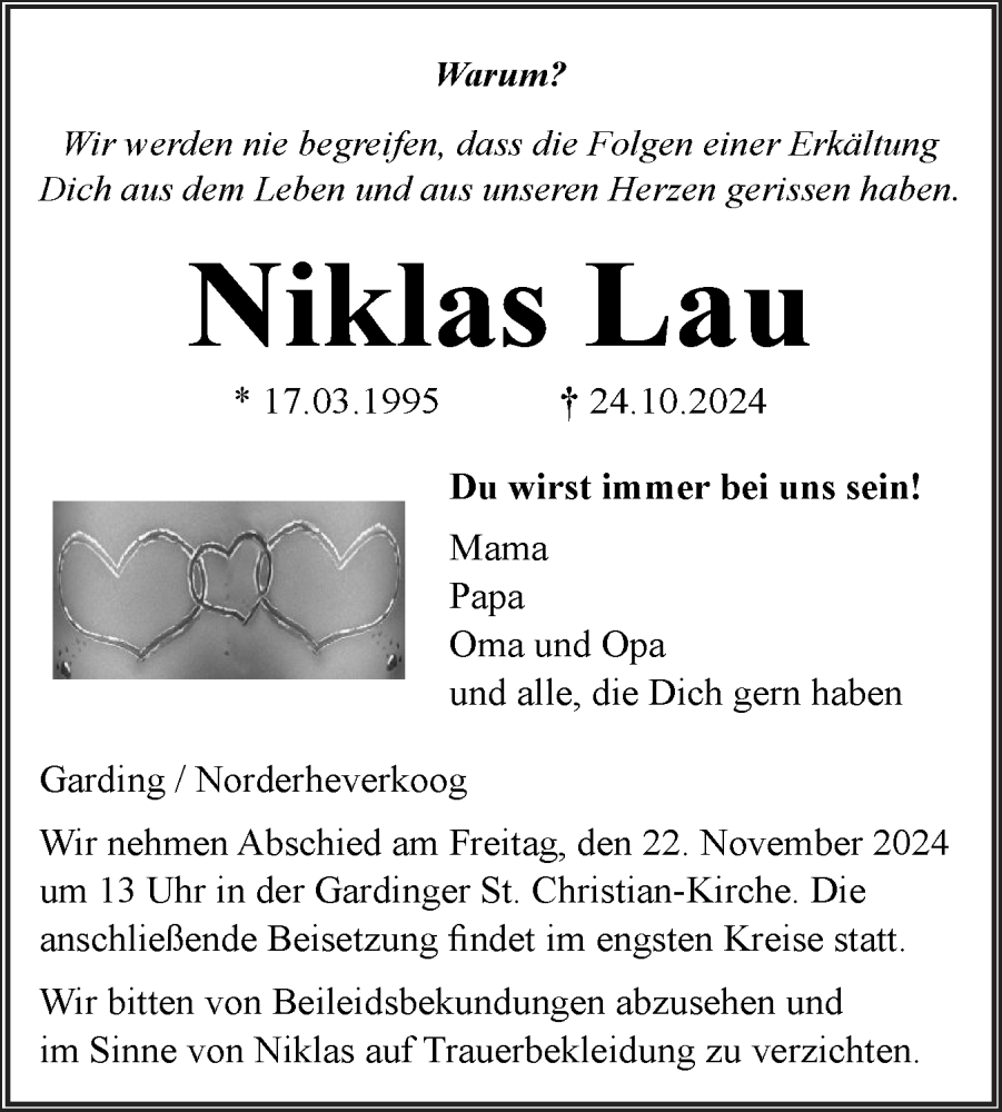  Traueranzeige für Niklas Lau vom 08.11.2024 aus Husumer Nachrichten, Nordfriesland Tageblatt