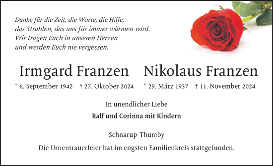Traueranzeige von Nikolaus Franzen von Schleswiger Nachrichten, Schlei-Bote