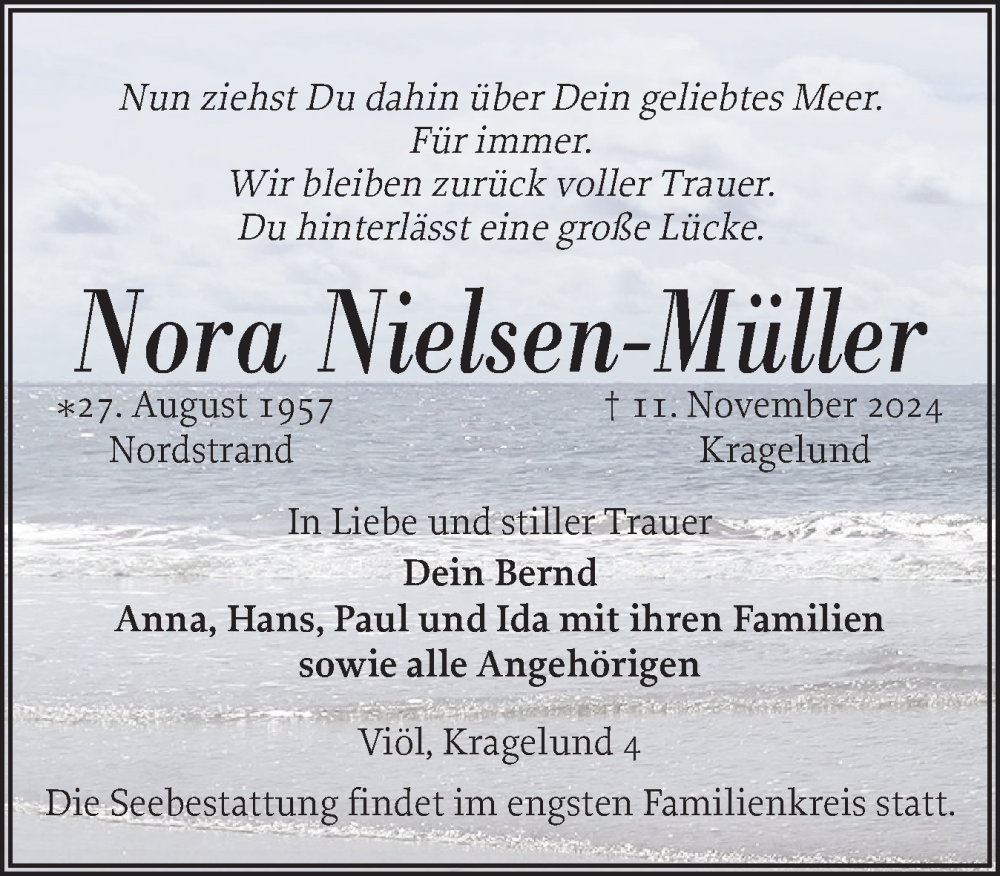  Traueranzeige für Nora Nielsen-Müller vom 16.11.2024 aus Husumer Nachrichten, Nordfriesland Tageblatt