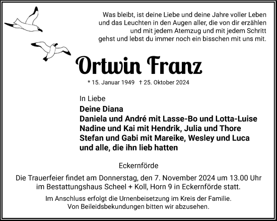 Traueranzeige von Ortwin Franz von Eckernförder Zeitung