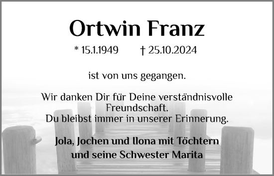 Traueranzeige von Ortwin Franz von Eckernförder Zeitung, Hallo Eckernförde