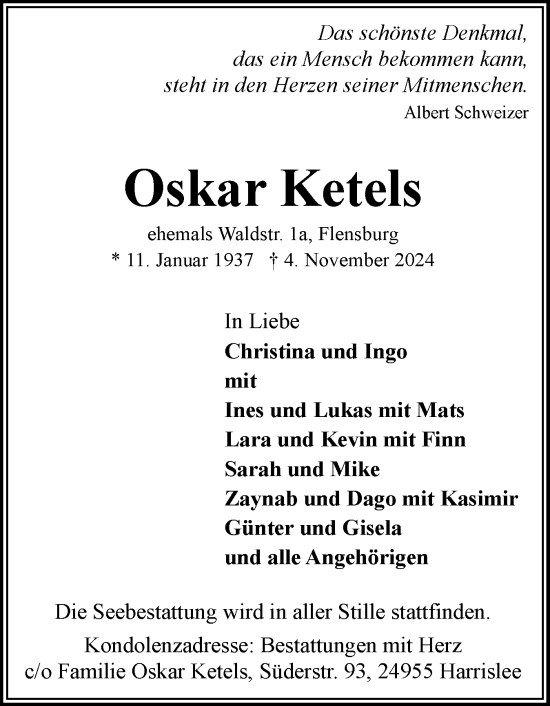 Traueranzeige von Oskar Ketels von Flensburger Tageblatt