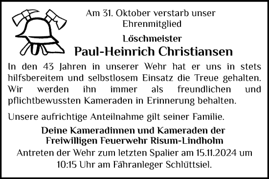 Traueranzeige von Paul-Heinrich Christiansen von Husumer Nachrichten, Nordfriesland Tageblatt