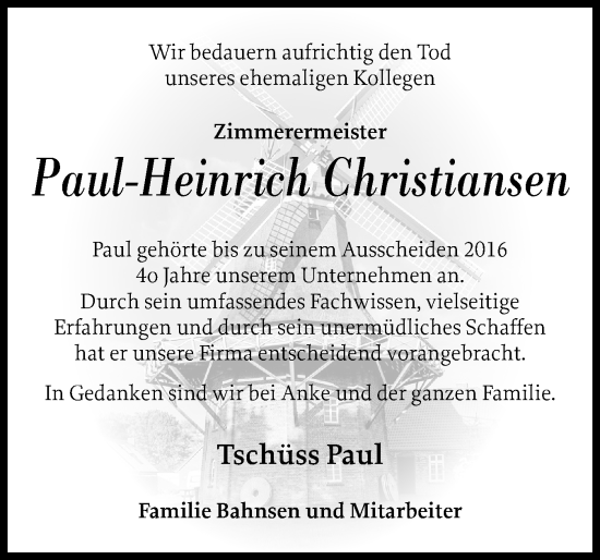 Traueranzeige von Paul-Heinrich Christiansen von Husumer Nachrichten, Nordfriesland Tageblatt