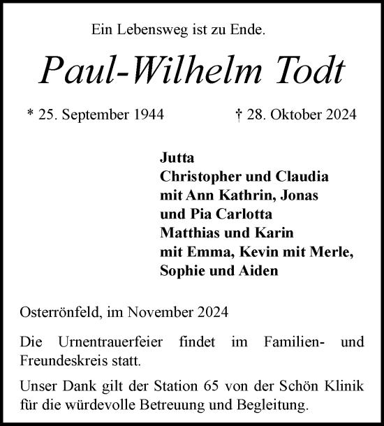 Traueranzeige von Paul-Wilhelm Todt von Schleswig-Holsteinische Landeszeitung