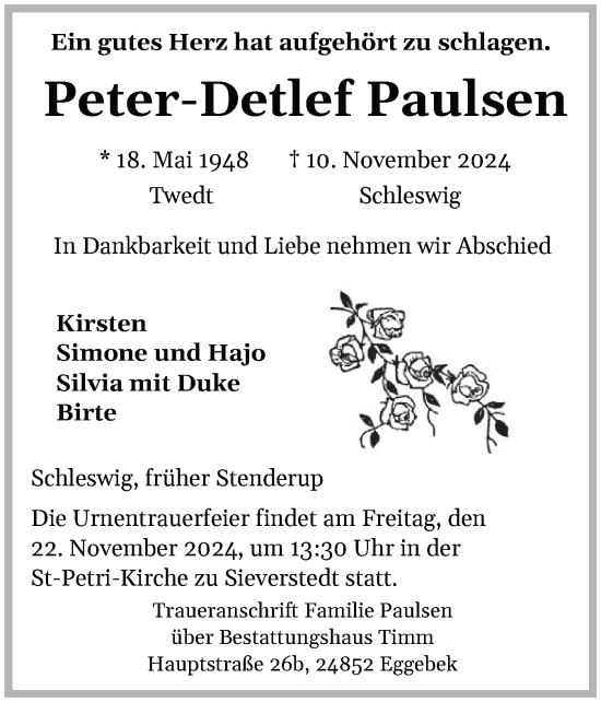 Traueranzeige von Peter-Detlef Paulsen von Flensburger Tageblatt, Schleswiger Nachrichten, Schlei-Bote