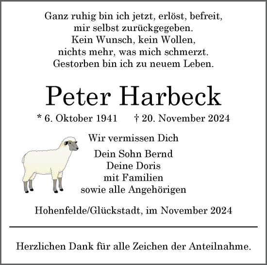 Traueranzeige von Peter Harbeck von Norddeutsche Rundschau, Wilstersche Zeitung, Glückstädter Fortuna