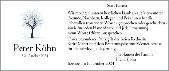 Traueranzeige von Peter Köhn von Norddeutsche Rundschau, Wilstersche Zeitung, Glückstädter Fortuna