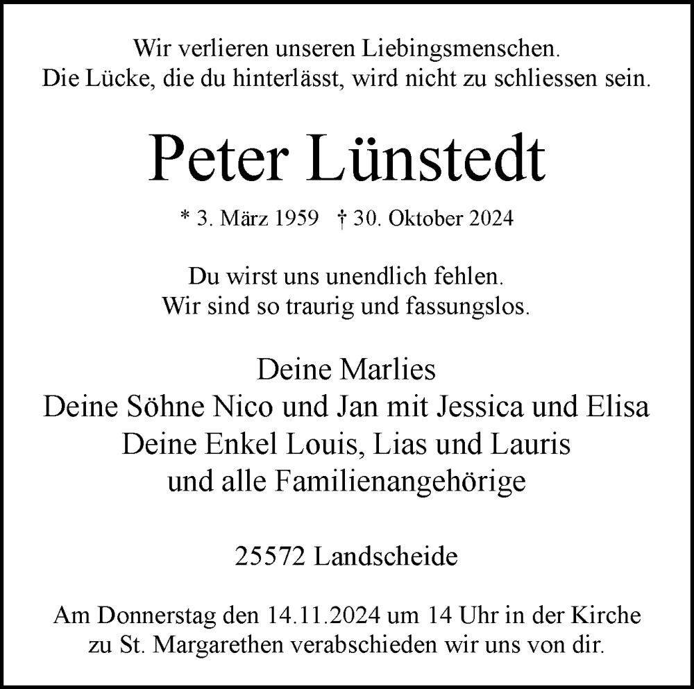  Traueranzeige für Peter Lünstedt vom 09.11.2024 aus Norddeutsche Rundschau, Wilstersche Zeitung, Glückstädter Fortuna