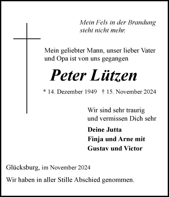 Traueranzeige von Peter Lützen von Flensburger Tageblatt