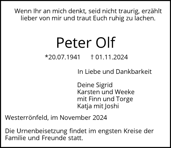 Traueranzeige von Peter Olf von Schleswig-Holsteinische Landeszeitung