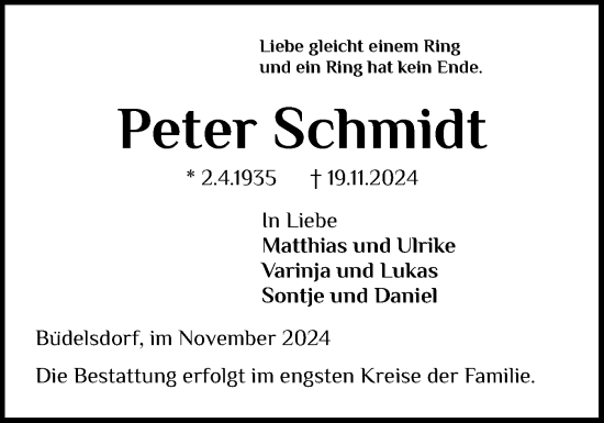 Traueranzeige von Peter Schmidt von Schleswig-Holsteinische Landeszeitung