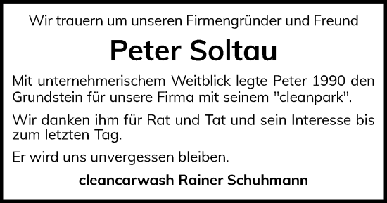 Traueranzeige von Peter Soltau von Schleswiger Nachrichten, Schlei-Bote