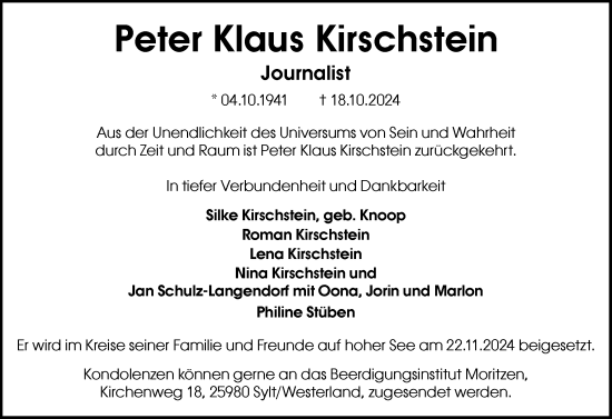 Traueranzeige von Peter Klaus Kirschstein von Sylter Rundschau