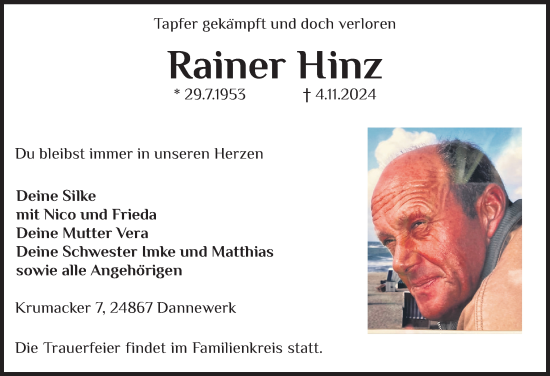 Traueranzeige von Rainer Hinz von Schleswiger Nachrichten, Schlei-Bote