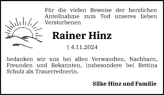 Traueranzeige von Rainer Hinz von Schleswiger Nachrichten, Schlei-Bote