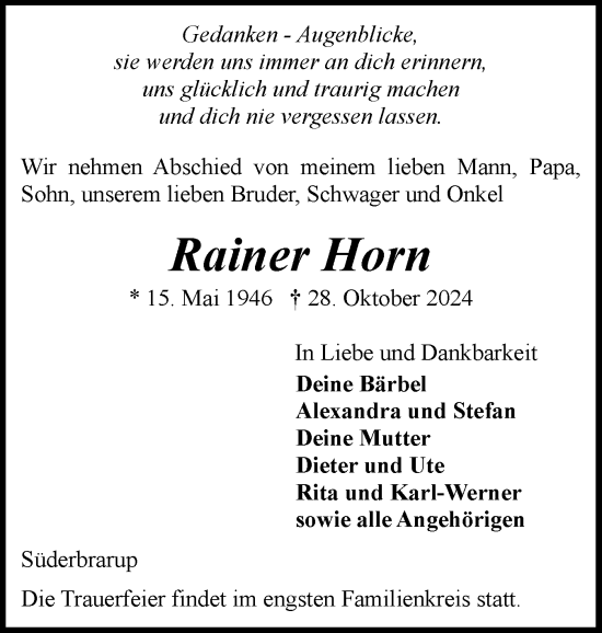 Traueranzeige von Rainer Horn von Schleswiger Nachrichten, Schlei-Bote