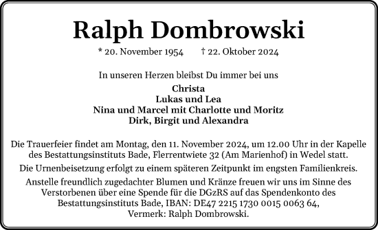 Traueranzeige von Ralph Dombrowski von Wedel-Schulauer Tageblatt, tip Wedel-Schulauer Tageblatt, tip Rissener Rundschau