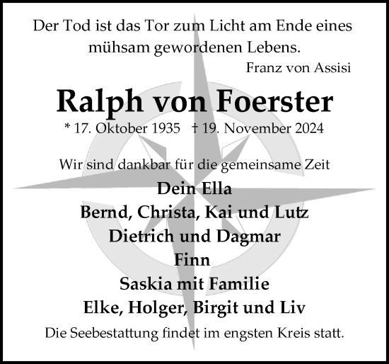 Traueranzeige von Ralph von Foerster von Flensburger Tageblatt