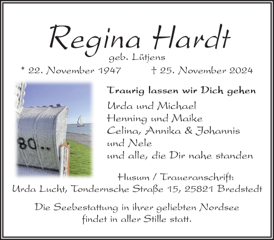 Traueranzeige von Regina Hardt von Husumer Nachrichten, Nordfriesland Tageblatt