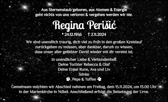 Traueranzeige von Regina Perišic von Schleswiger Nachrichten, Schlei-Bote