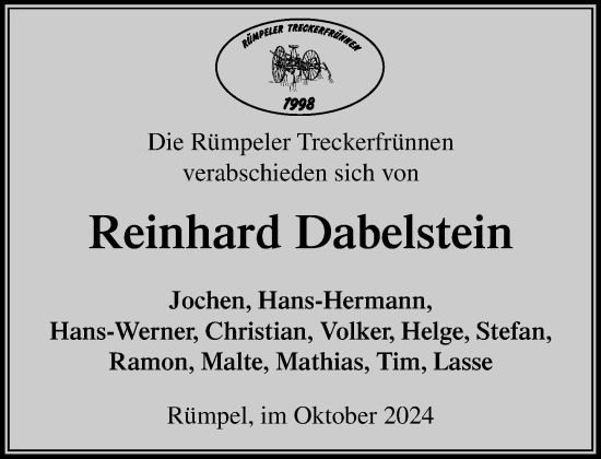 Traueranzeige von Reinhard Dabelstein von Stormaner Tageblatt