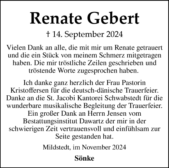 Traueranzeige von Renate Gebert von Husumer Nachrichten, Nordfriesland Tageblatt