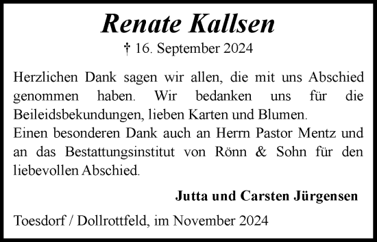 Traueranzeige von Renate Kallsen von Schleswiger Nachrichten, Schlei-Bote