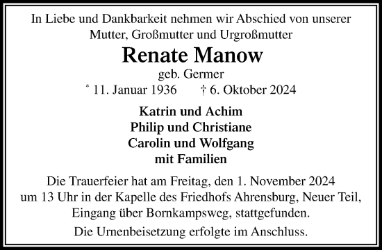 Traueranzeige von Renate Manow von Stormaner Tageblatt