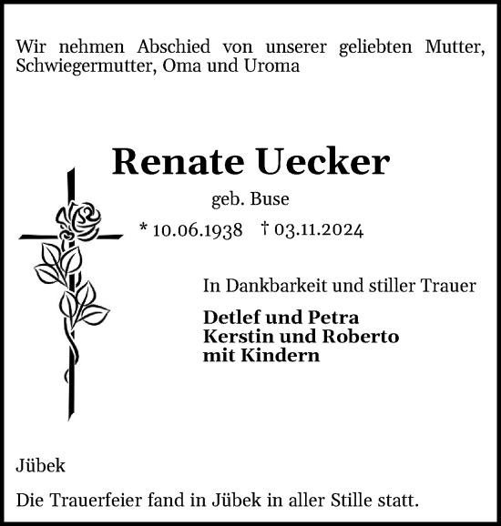 Traueranzeige von Renate Uecker von Schleswiger Nachrichten, Schlei-Bote