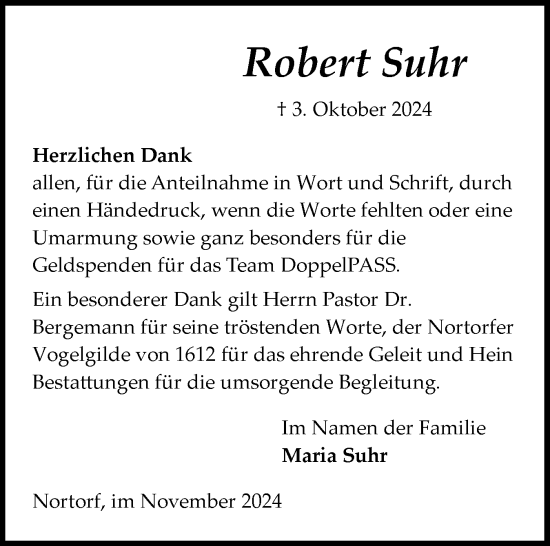 Traueranzeige von Robert Suhr von Schleswig-Holsteinische Landeszeitung