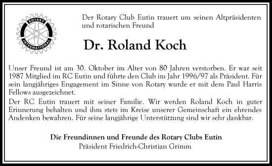 Traueranzeige von Roland Koch von Ostholsteiner Anzeiger