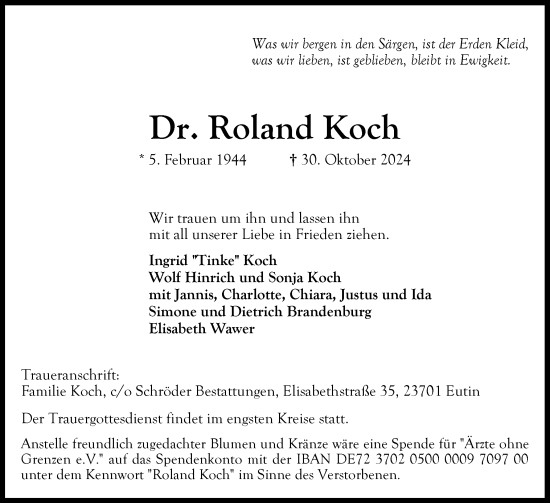 Traueranzeige von Roland Koch von Ostholsteiner Anzeiger