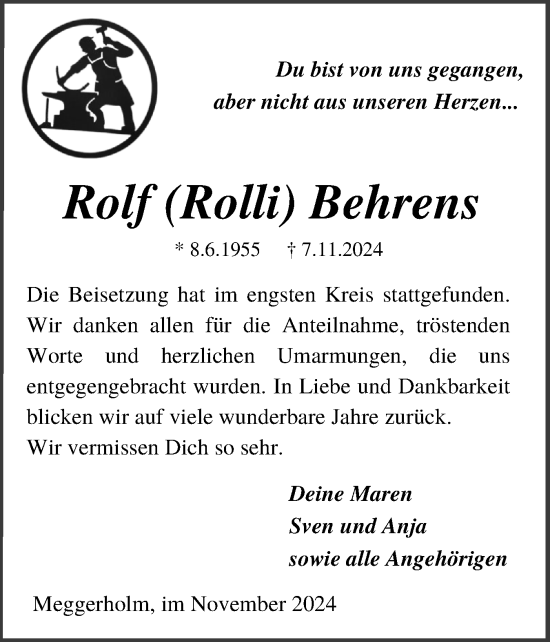 Traueranzeige von Rolf Behrens von Schleswig-Holsteinische Landeszeitung