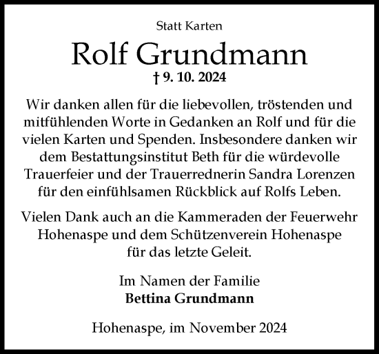 Traueranzeige von Rolf Grundmann von Norddeutsche Rundschau, Wilstersche Zeitung, Glückstädter Fortuna