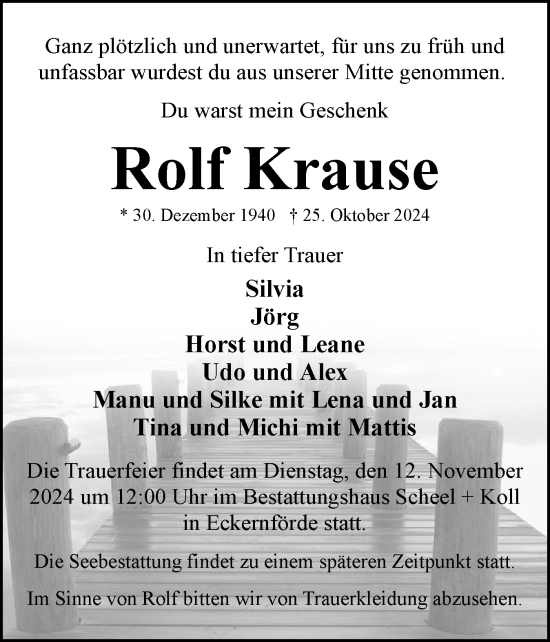 Traueranzeige von Rolf Krause von Eckernförder Zeitung, Hallo Eckernförde